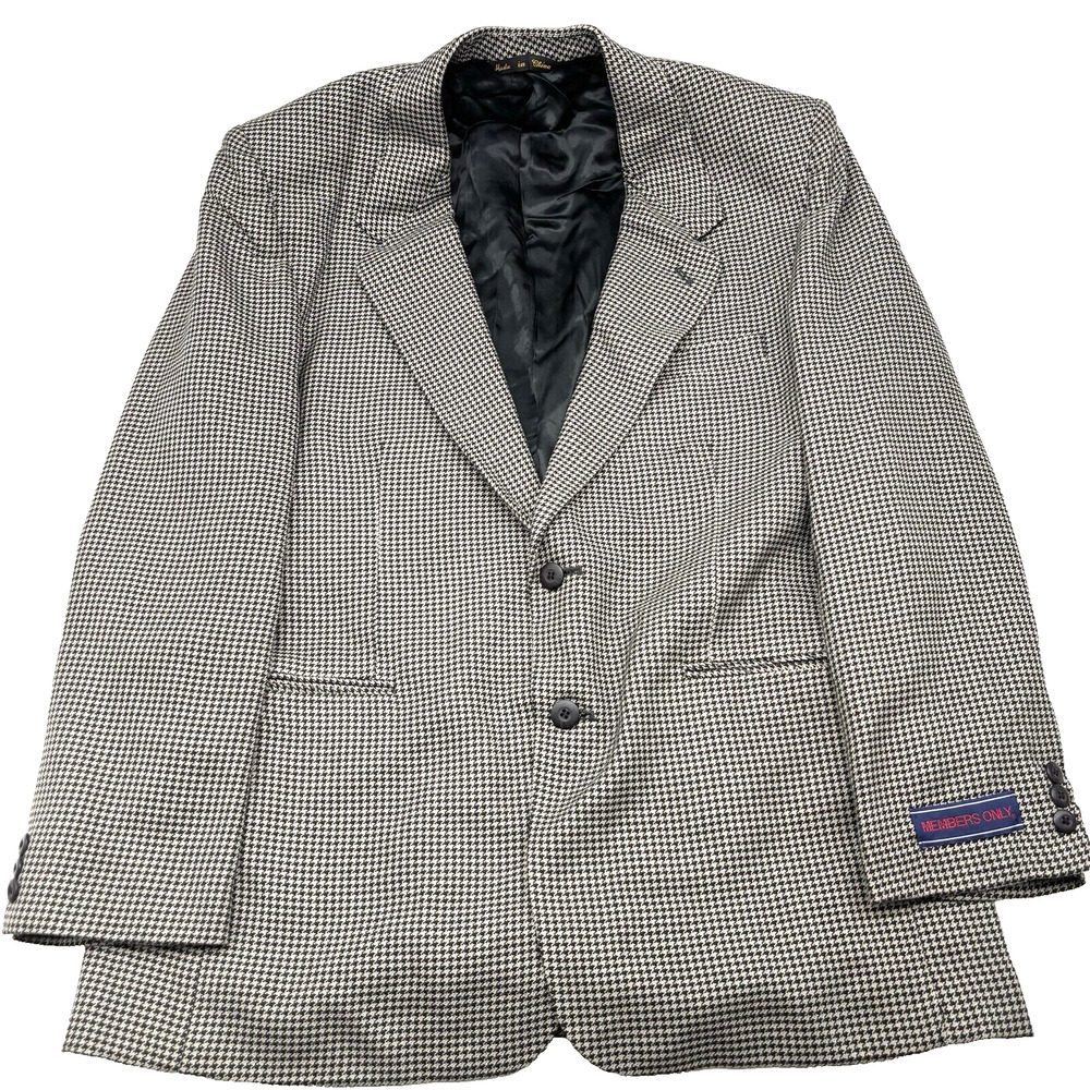Members Only Black Gray Houndstooth Polyester Blend Single Breasted Blazer 44R